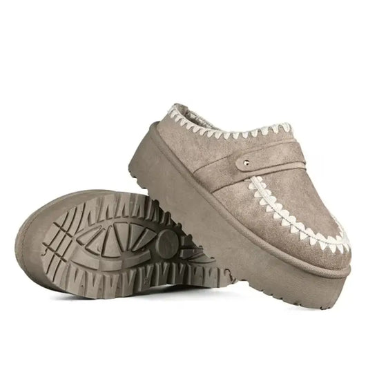 Mules femme camel fourrées avec plateforme et couture en corde bohème chic